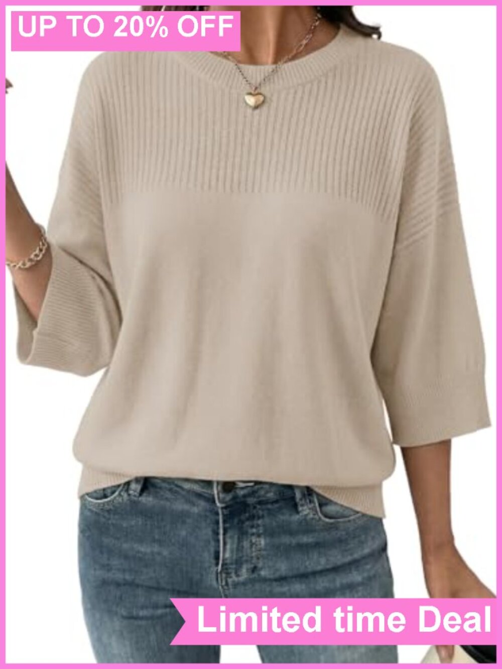 3/4 Sleeve Sweater Womens Cropped Knit Pullover Lightweight Summer Top